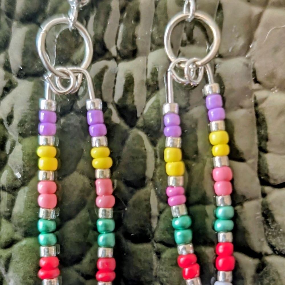 Handmade Multicolor Seed Bead Dangle Earrings - Silver Accents